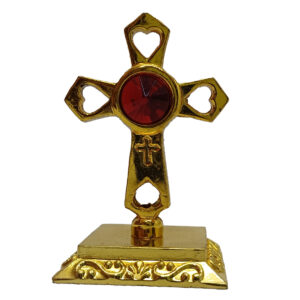 Jesus Cross with Stone in center | Dual Side view with Square Base | Heart Shape Engraved on Jesus Cross | Can be used in Car/Home/Office and commercial space also -Full Gold color